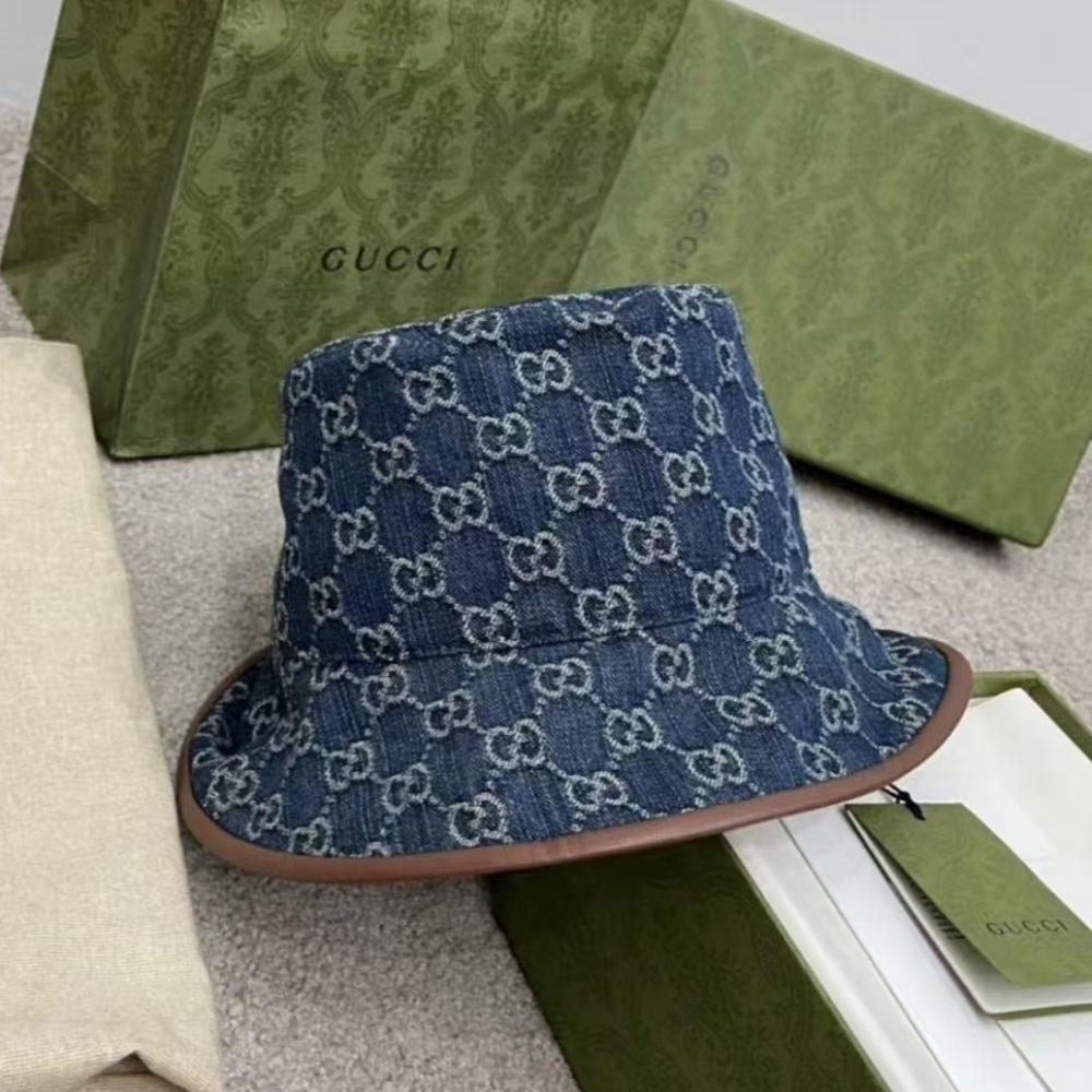 Gucci GG Denim Bucket Hat with Leather Trim